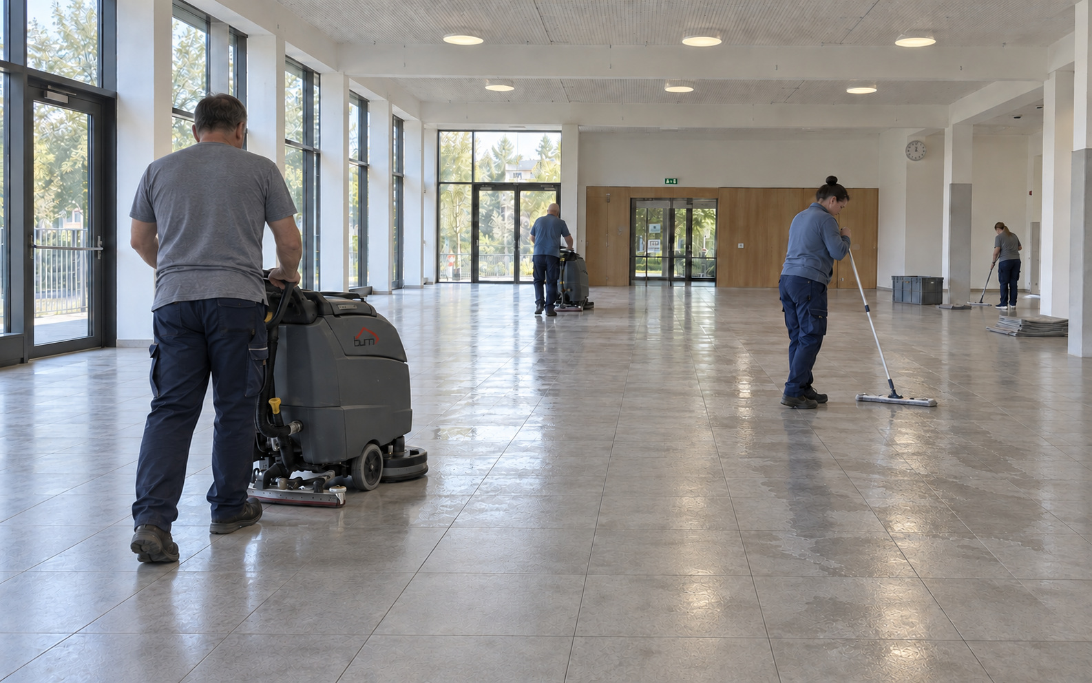 KI-Visualisierung: vier Mitarbeitende reinigen den Boden einer Mehrzweckhalle mit Scheuersaugmaschinen und Wischmopps